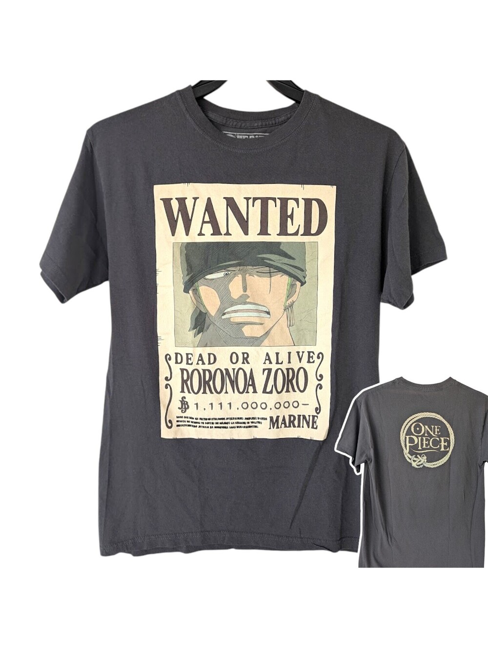 One Piece T-Shirt Mens Medium Black Roronoa Zoro Wanted Poster Anime Tee 19x27.5